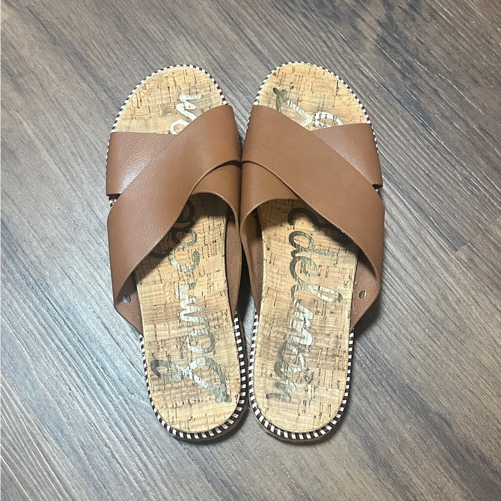 Sam Edelman Leyton Cross-Strap Platform Slide Sandals in Brown Faux Leather